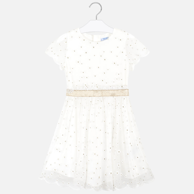 Off White and Gold Florettes Short Sleeve Dress