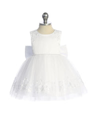 5911 Baby Girls Satin Bodice with Lace Shoulder and Lace Applique Skirt Dress