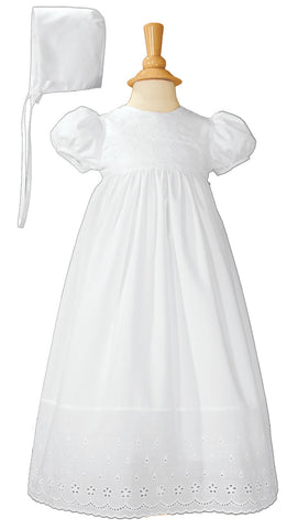 Girls White Cotton Christening Baptism Gown with Lace Border and Bonnet