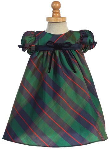 Holiday dress green plaid with bow C537