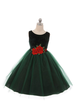 Green KD396+ Velvet Rose Patch Girl Dress Plus Size Girl Dress
