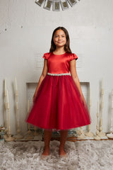 Red KD452- Sleeve Satin Dress w/ Tulle